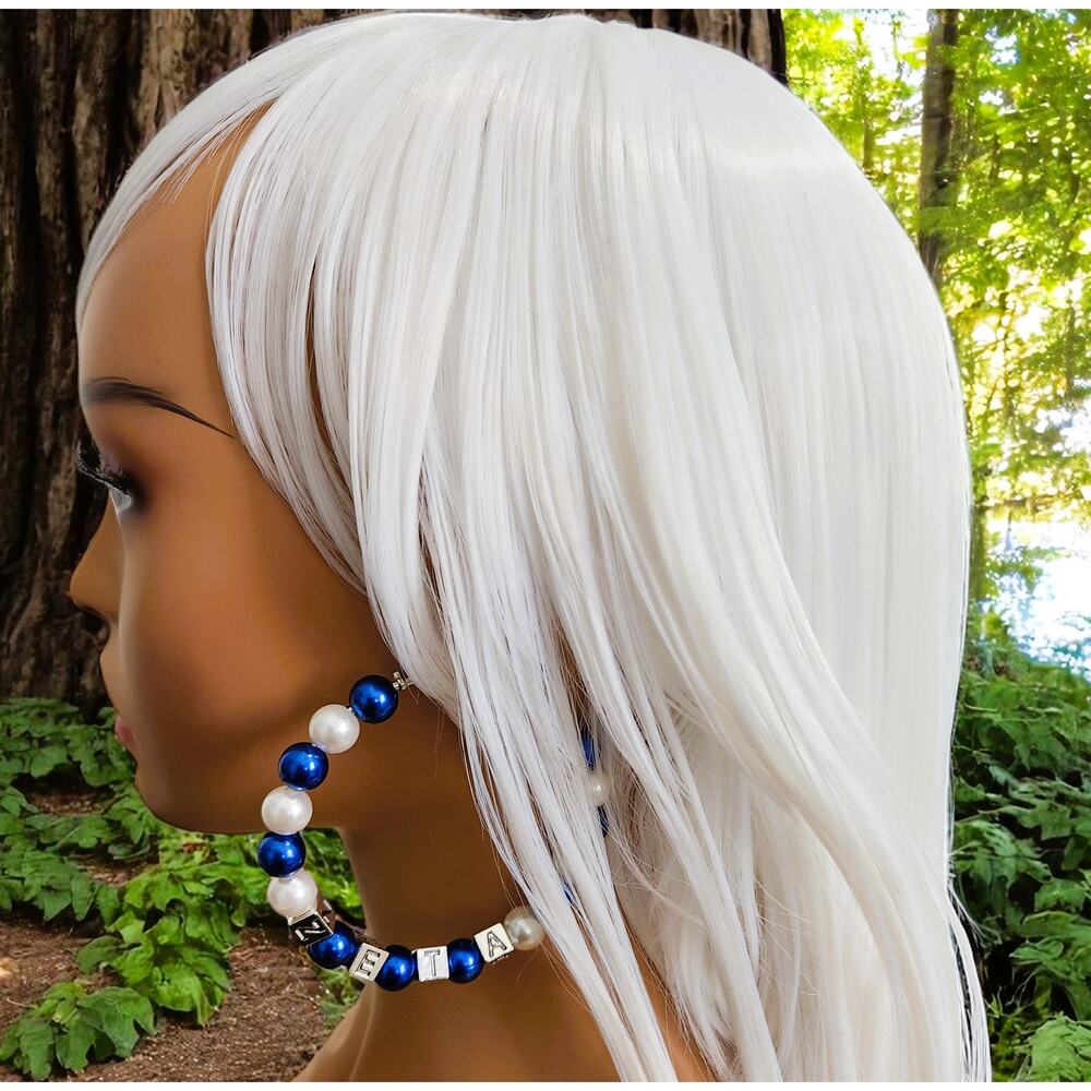 Zeta Phi Beta Earrings Hoop Blue &‎ White Pearls with blocks